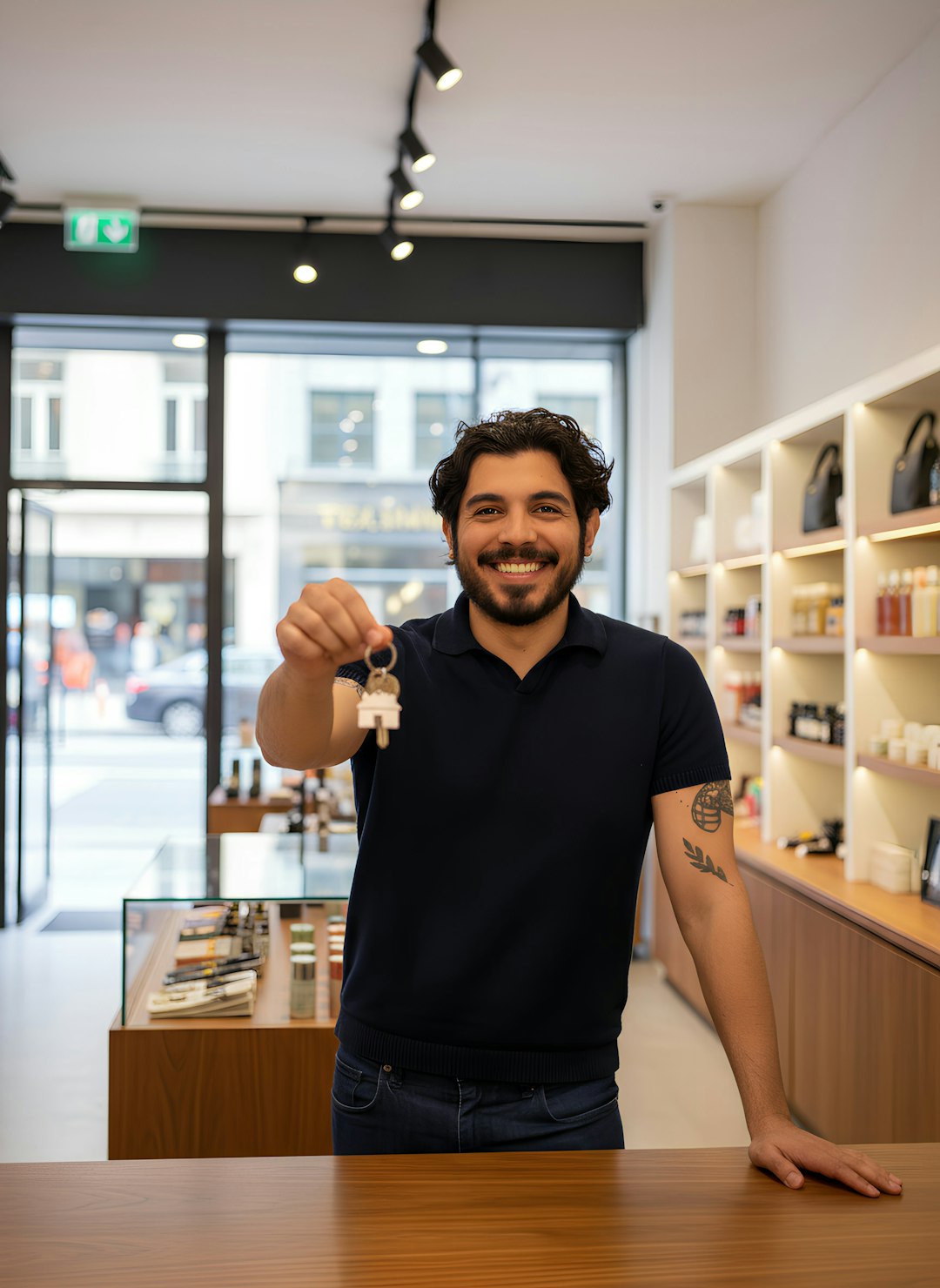 Retail shop owner holding the keys to his store.
